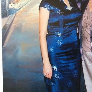 Cheongsam Qipao Custom Made Chinese Style Party Dress Navy Blue Silver Size 6, 8